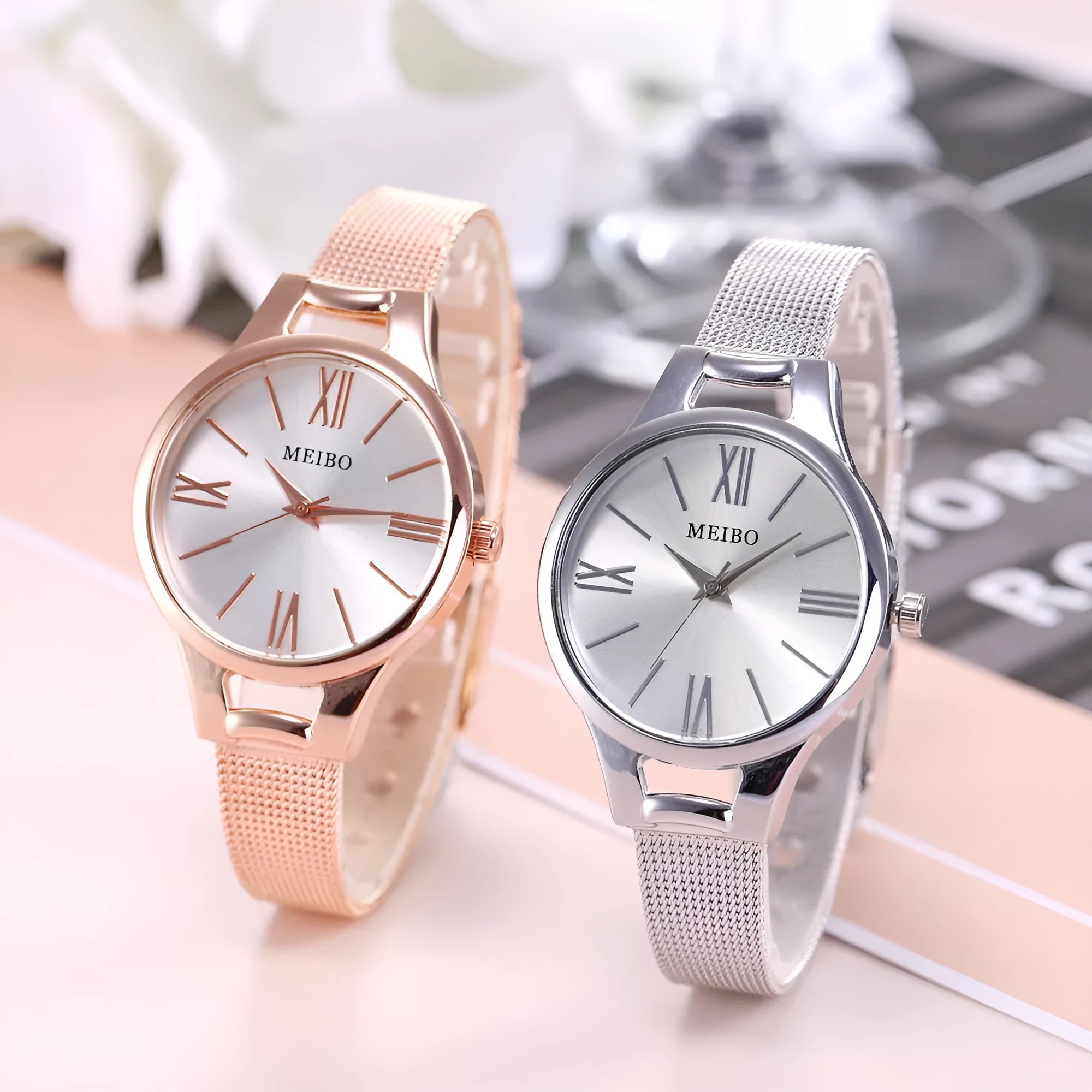 Rose gold round stainless steel mesh band quartz watch for women with pin buckle and analog display