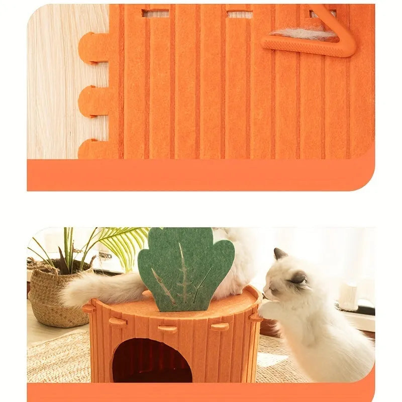 A brown felt carrot-shaped cat nest with a round drilled hole entryway, shown in two size options.