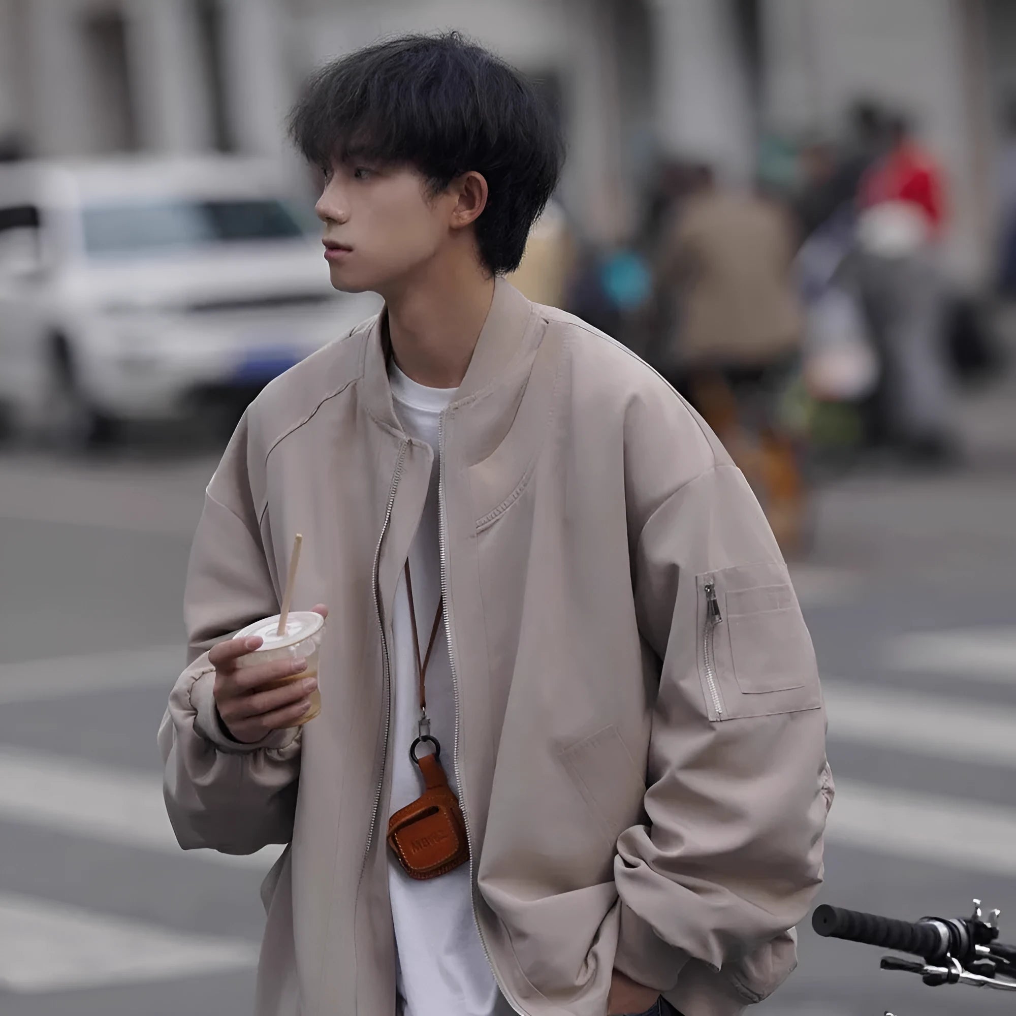 Men's loose pilot jacket in gray, black, and green, cotton blend with polyester lining, long sleeve straight hem Korean style