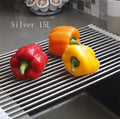 Foldable stainless steel kitchen drain rack with coloured plastic tubes for drying utensils