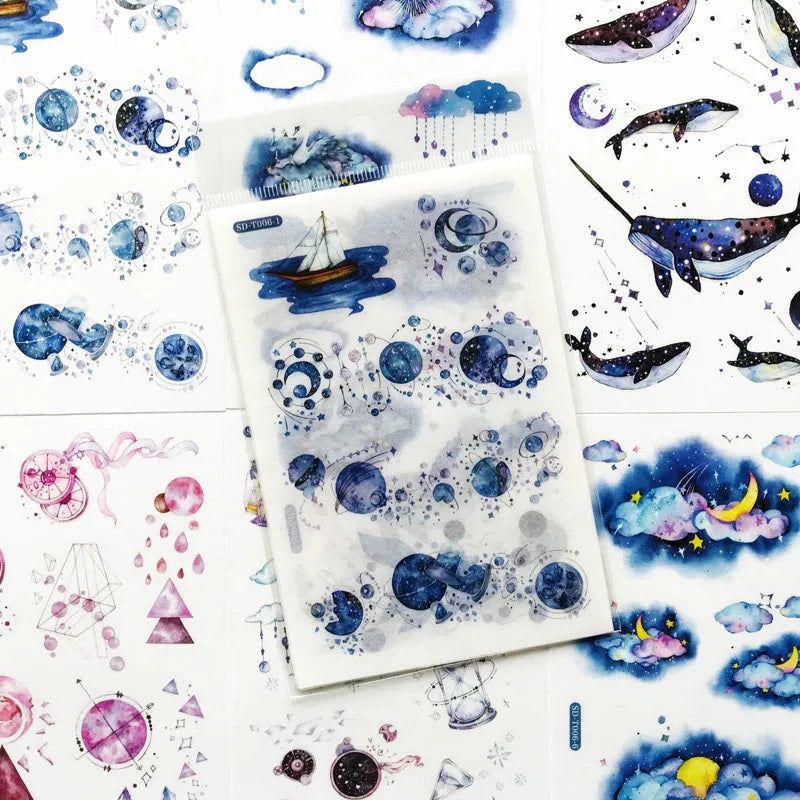 Japanese paper sticker sheet set with fantasy stars pattern, size 10.5 by 14.1 cm