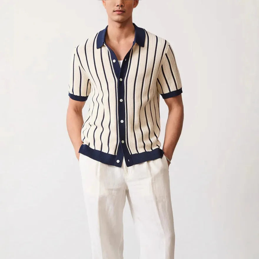Men's white asymmetric striped knitted short sleeve top with a lapel collar
