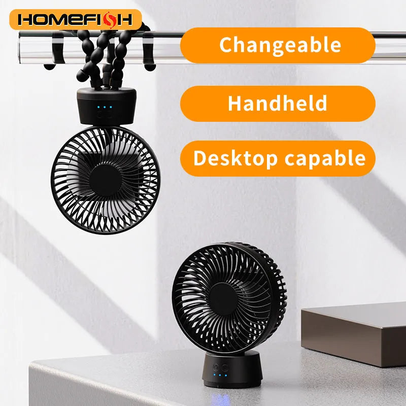 HOMEFISH F2 automatic shake head portable fan with LED light on a removable bracket.