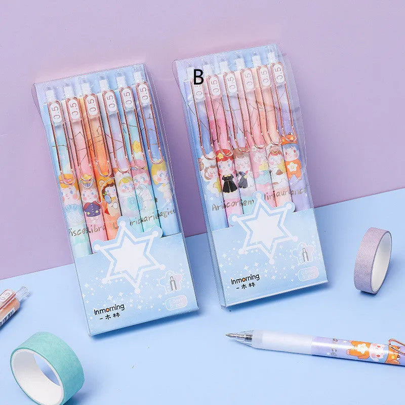 Six cartoon constellation press gel pens with 0.5mm tips showing constellation designs