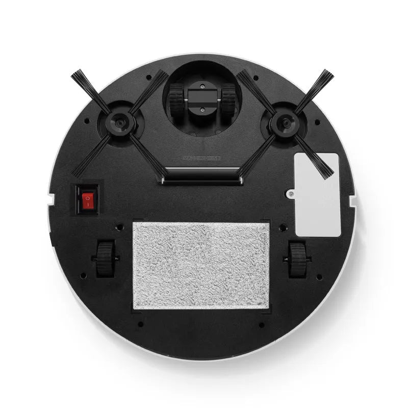 Compact automatic sweeping robot with ABS body on a hardwood floor.
