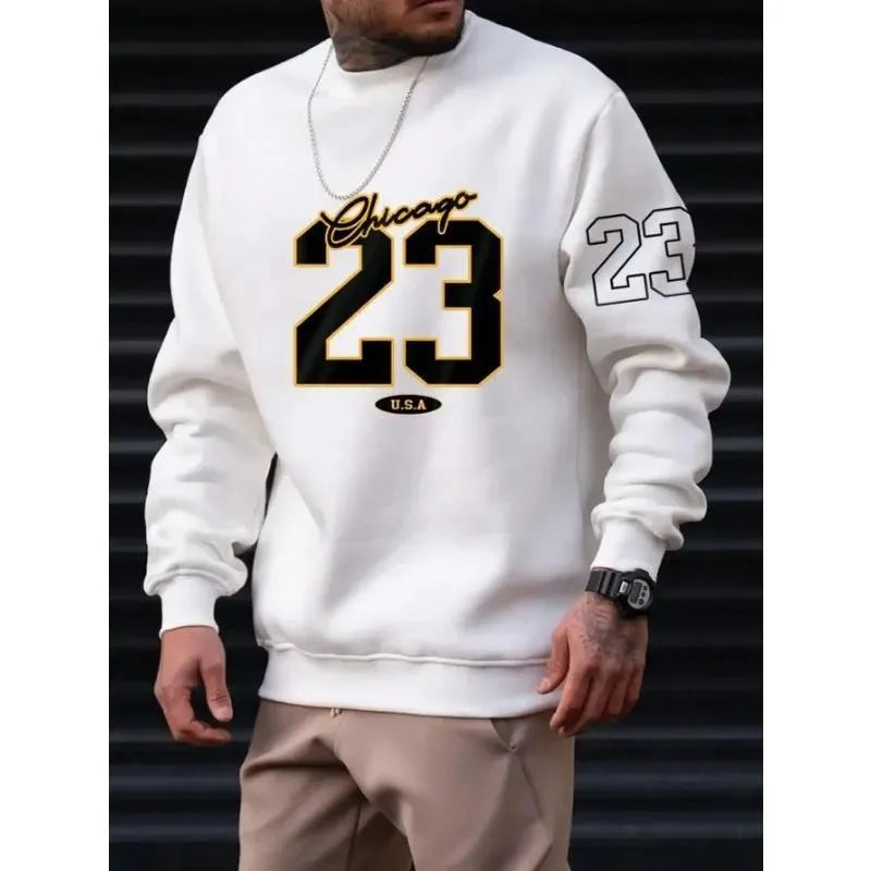 Men's art letter design fleece sweatshirt pullover in black, front view