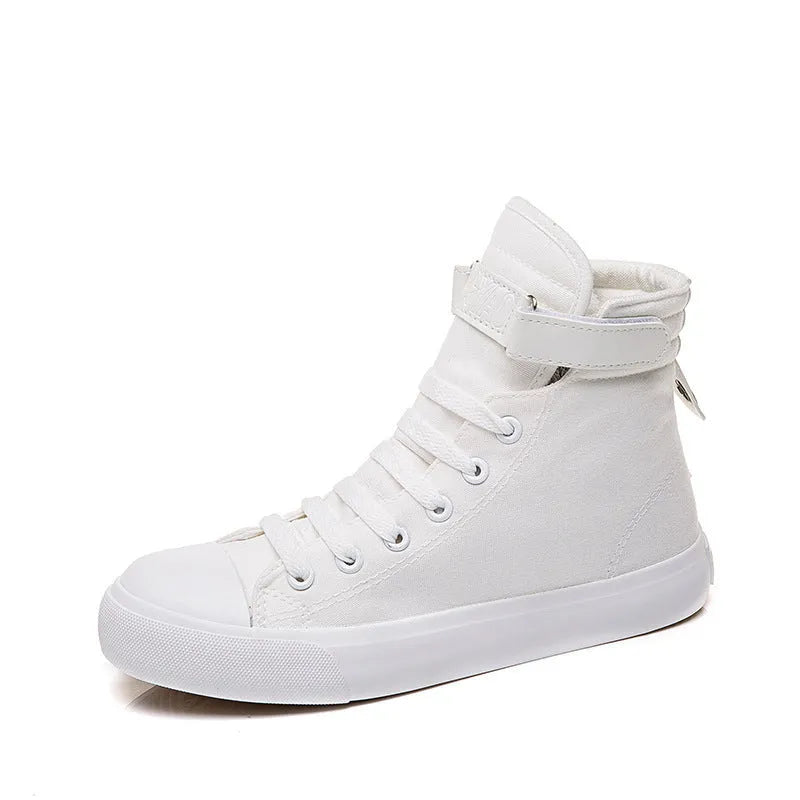 Velcro student canvas shoes high top round toe flat heel vulcanised rubber sole in black and white