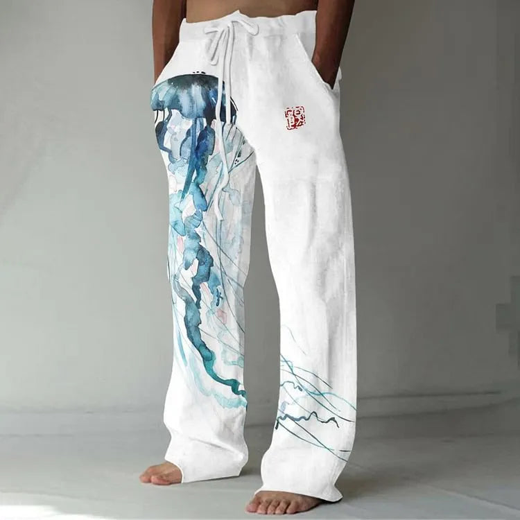 Plus size thin wide leg leisure men's trousers in mid waist straight leg style, polyester fabric, hot stamping craft, 8 colour options, size S to 4XL