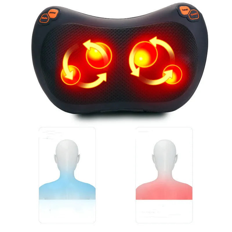 Black car massage pillow with heating and four massage heads for neck and back relief