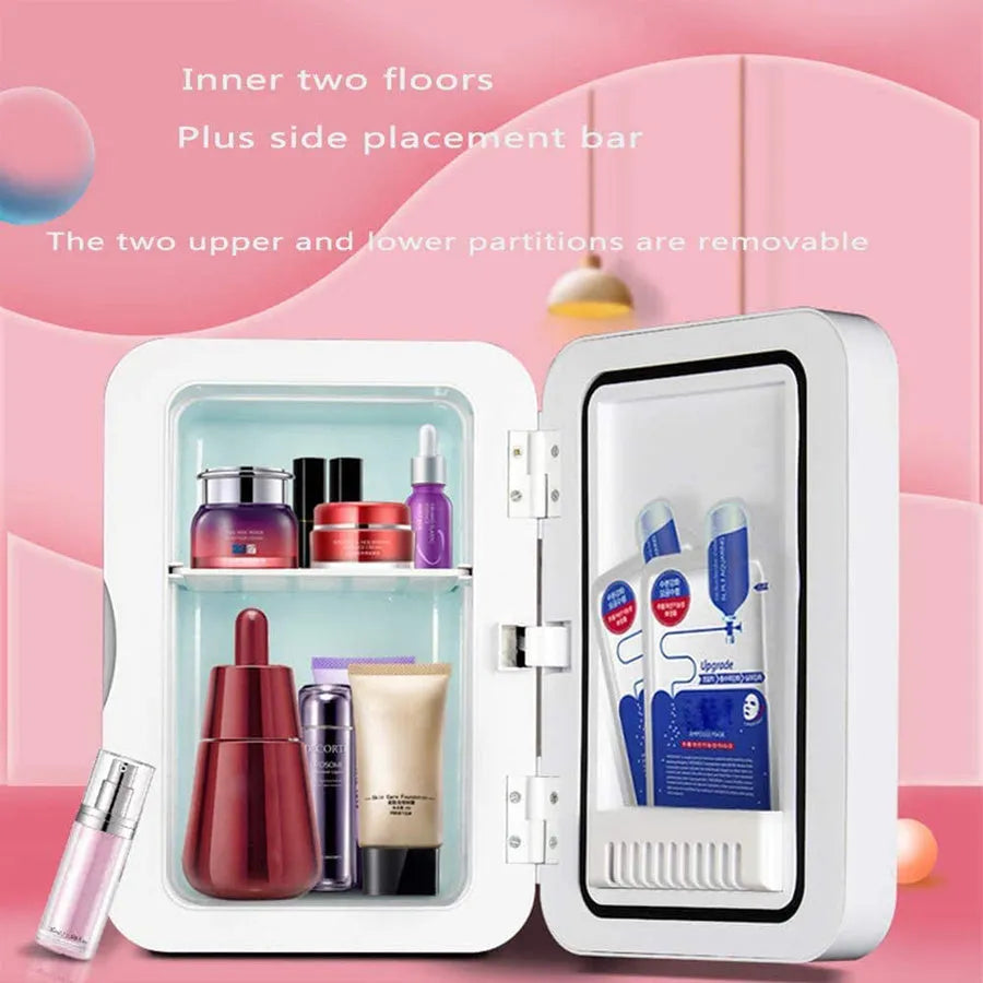 White mini cosmetic refrigerator with cooling and warming functions from 22 to 65 degrees Celsius