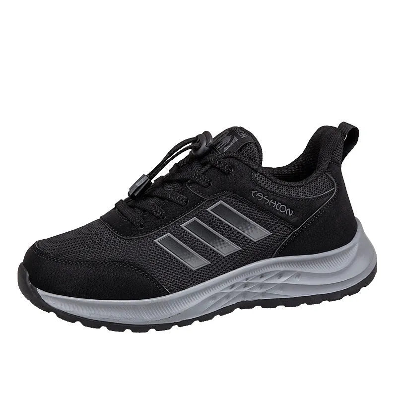 Men's and women's casual slip-on shoes with mesh upper and elastic band closure in black, purple, dark grey, and purplish red.