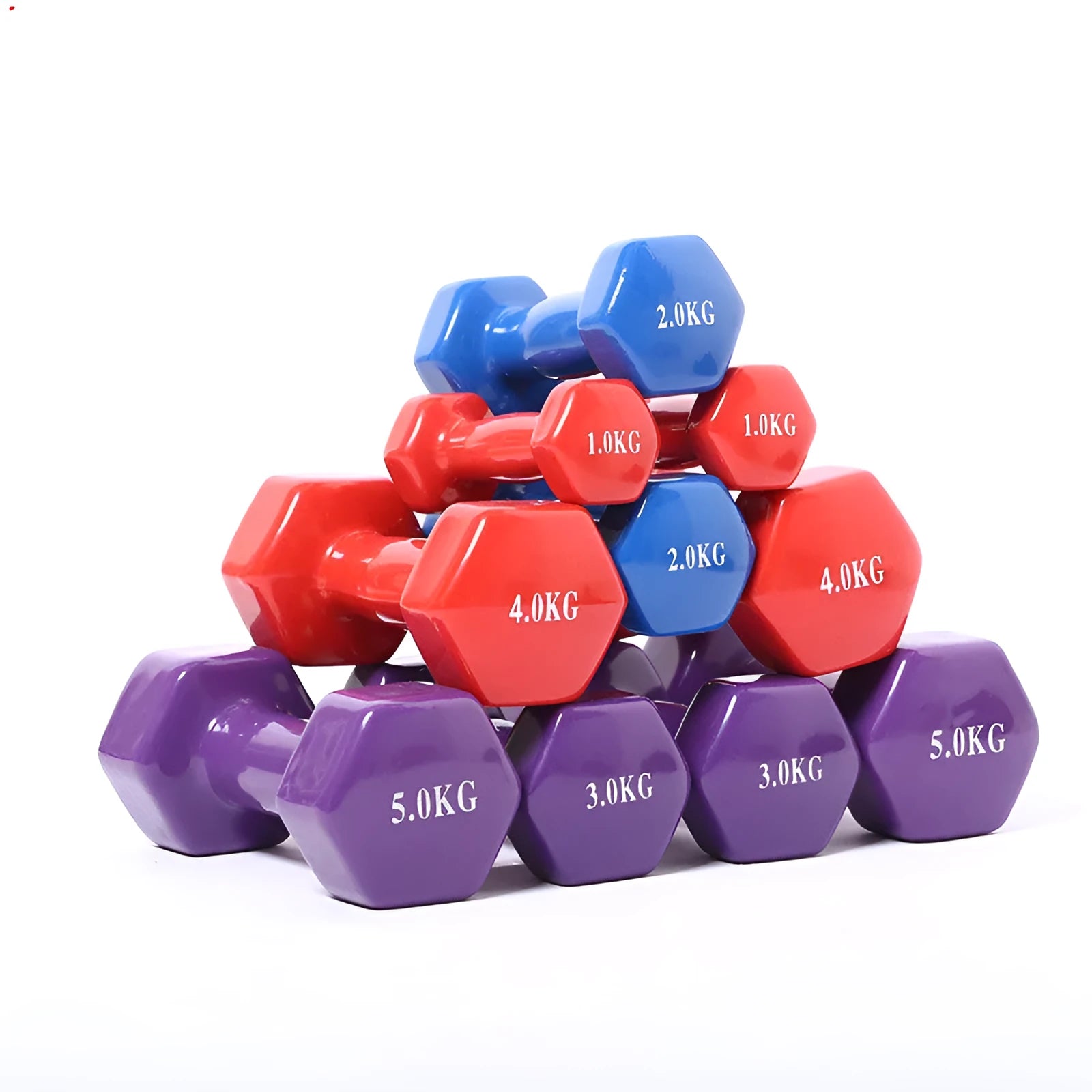 Bright plastic dumbbells with glossy surface in multiple weight options from 0.5kg to 5kg