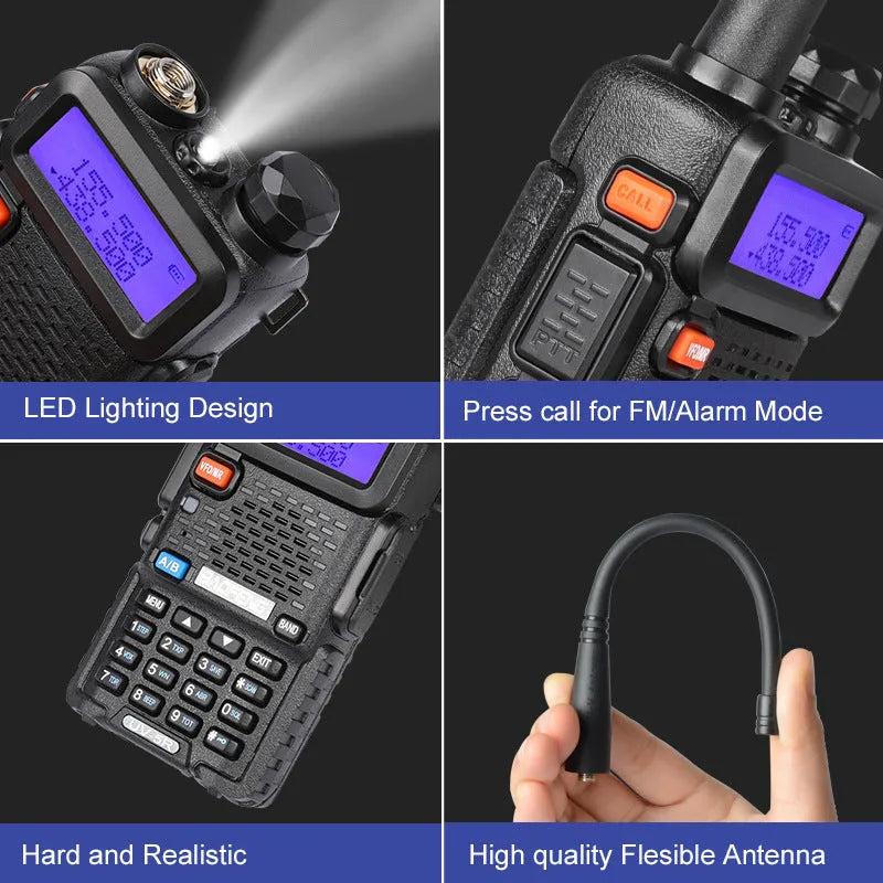 Black VHF UHF dual-band walkie talkie with 128 channels and LCD display showing 5-10 km communication range