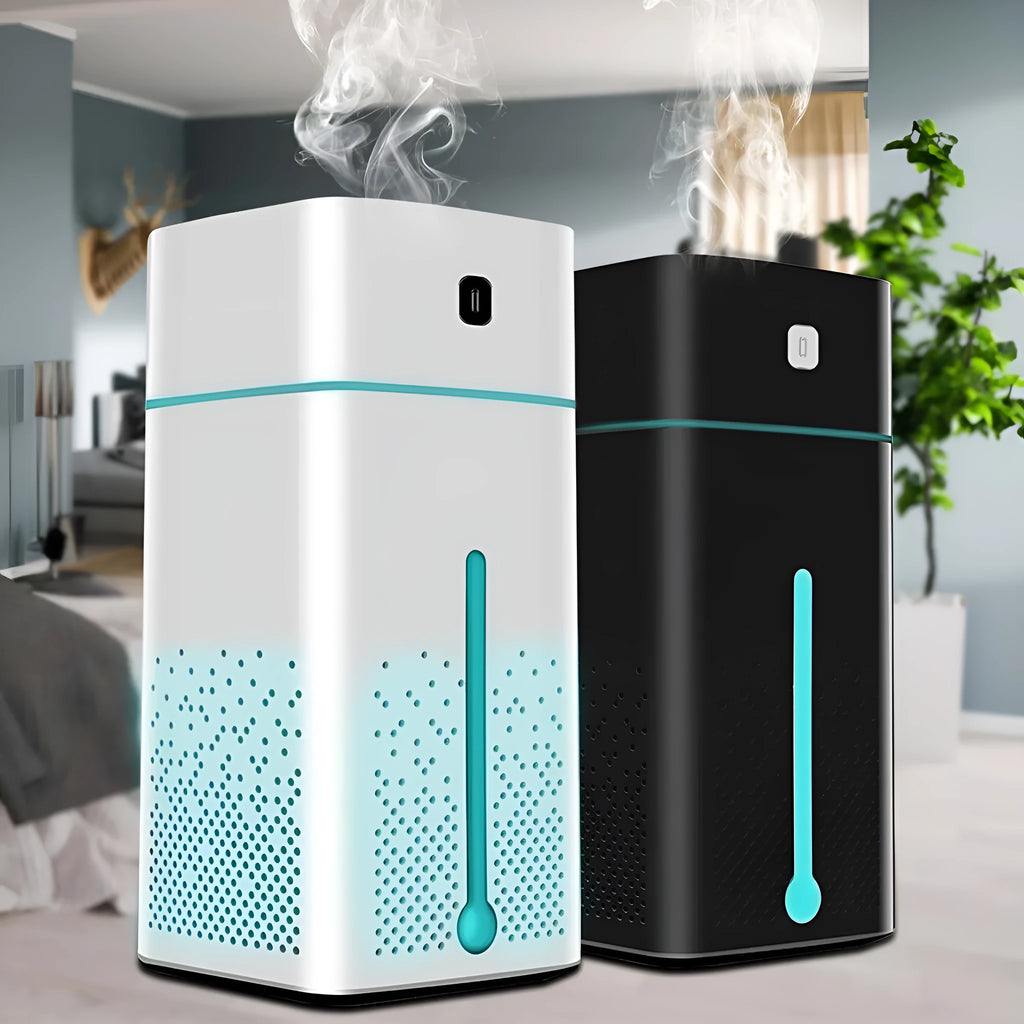 Black or white desktop humidifier with 1000ml capacity and USB power connection for home office use