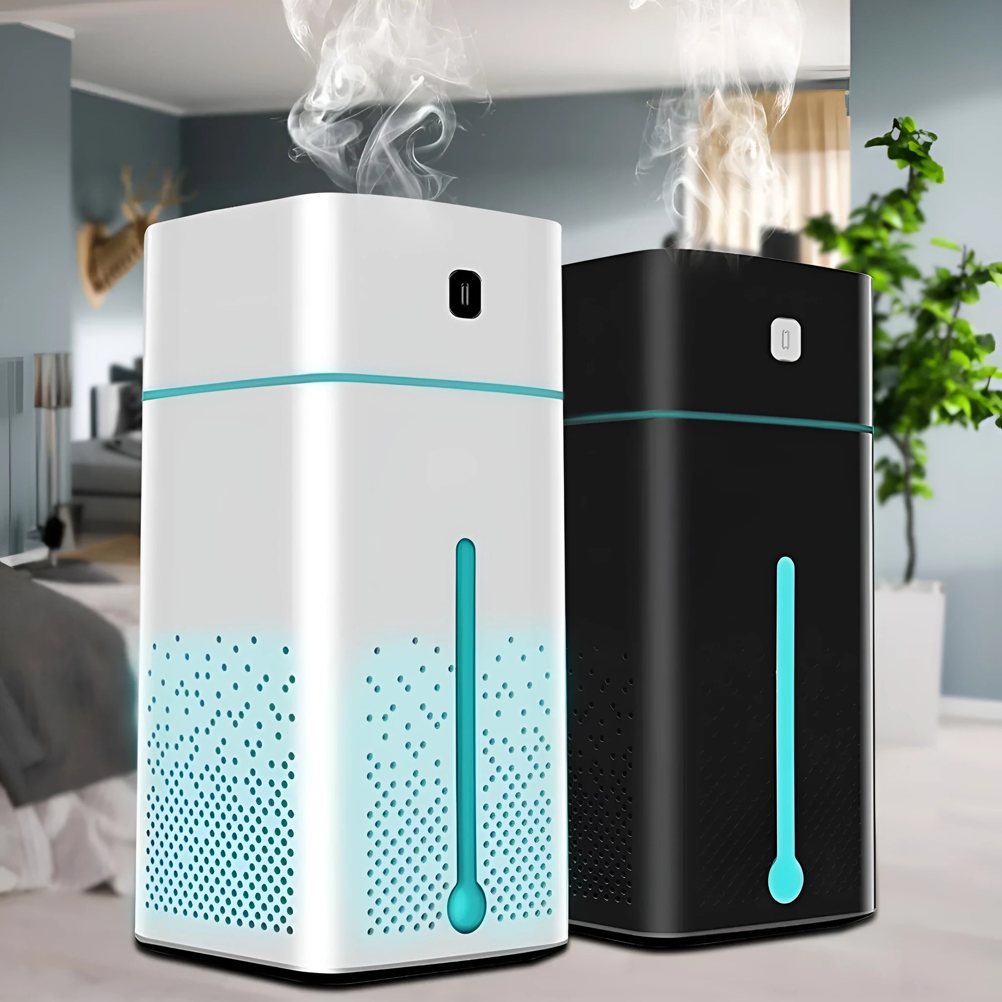 Black or white desktop humidifier with 1000ml capacity and USB power connection for home office use