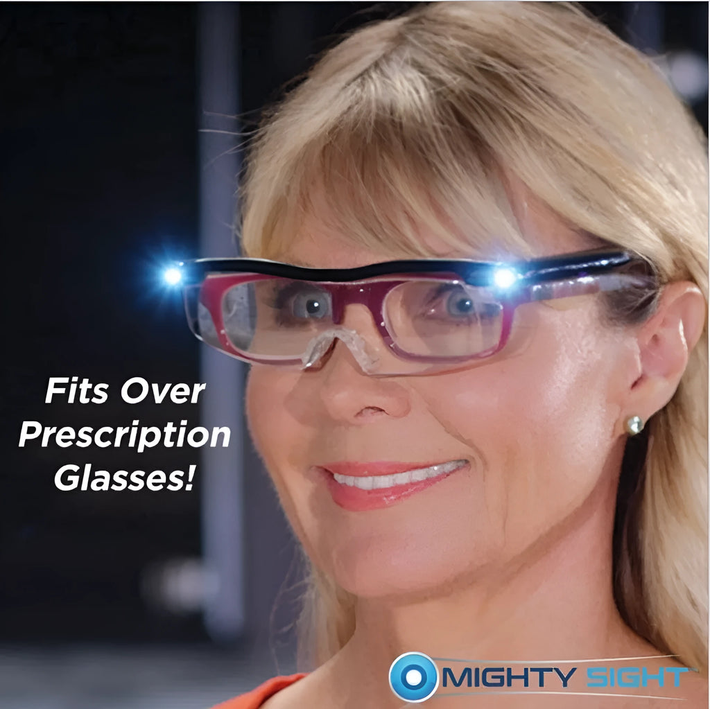 Transparent frame reading glasses with built-in USB rechargeable LED light on transparent black background