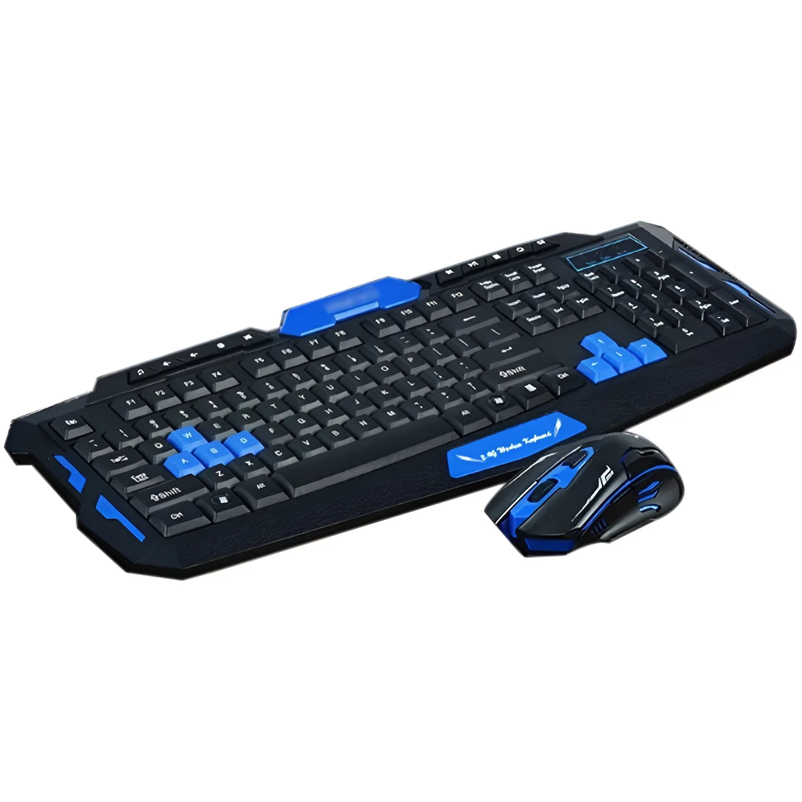 Black and blue wireless keyboard and mouse set on desk showing waterproof design
