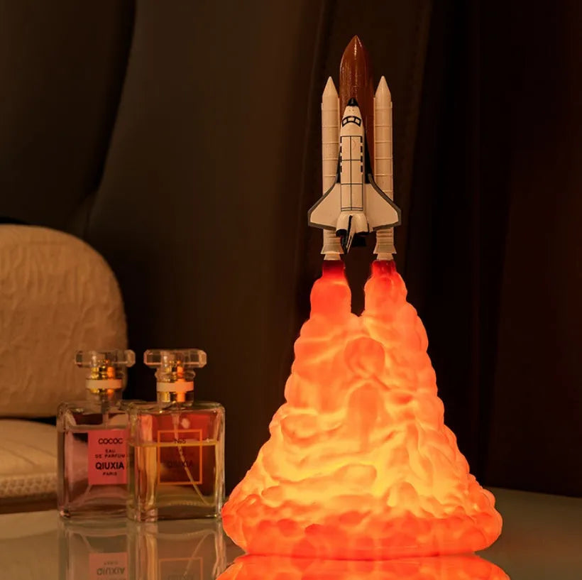 3D print rocket space shuttle lamp night light, 11 inch, PLA material, USB rechargeable, on display in a bedroom