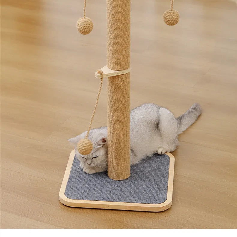 A simple, scratch-resistant cat climbing frame toy with a chip hanging ball, made from pine wood and carpet leather.