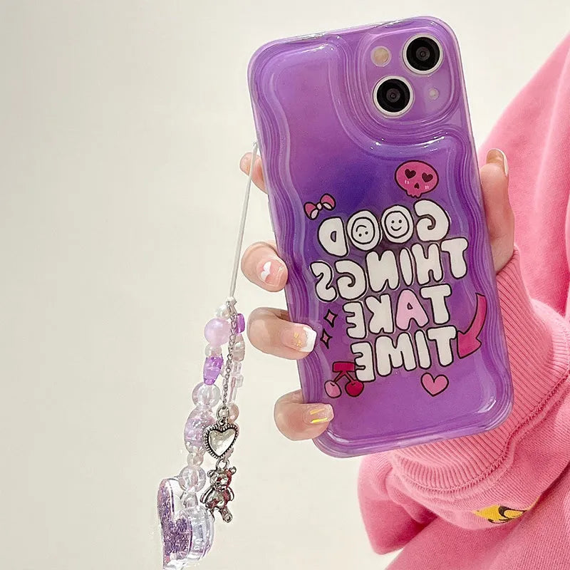Purple English graffiti love pendant chain on a transparent TPU iPhone case.