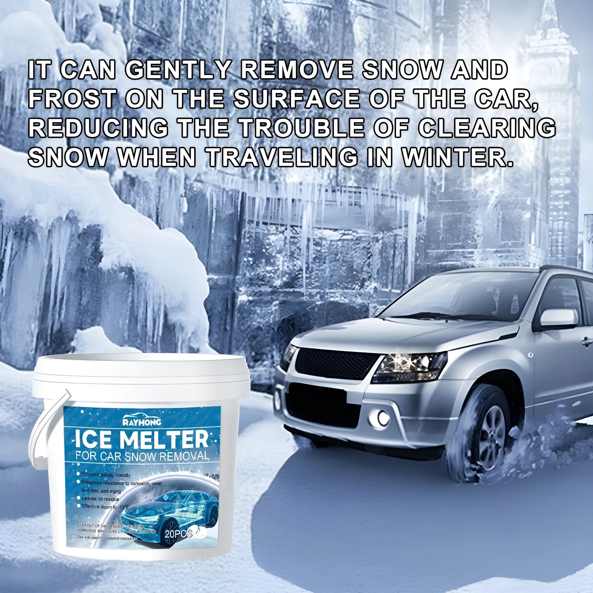 Car windscreen de-icer effervescent tablets in package measuring 12.7 x 12 cm