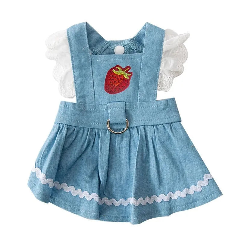 Bondi Blue denim dog skirt with strawberry embroidery on model dog