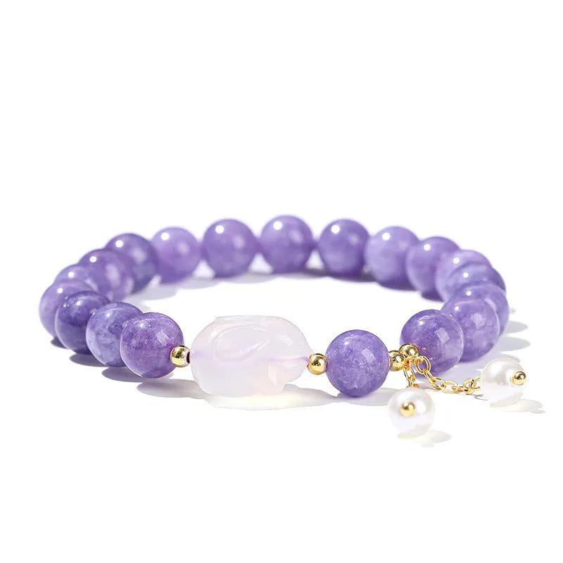 Purple aquamarine chalcedony bracelet with geometric beads and agate rabbit motif