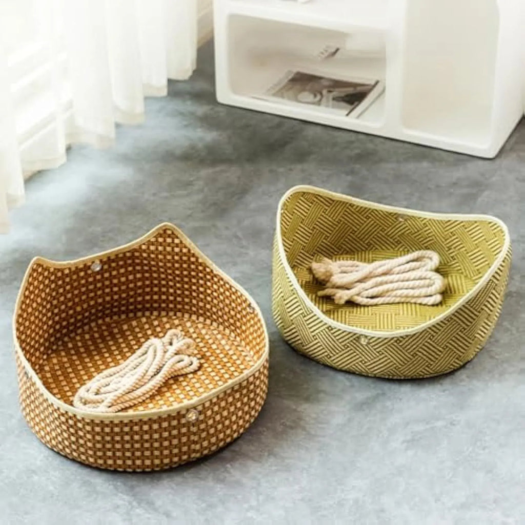 Green rattan cat hammock with metal hooks, shown hanging, suitable for small pets.