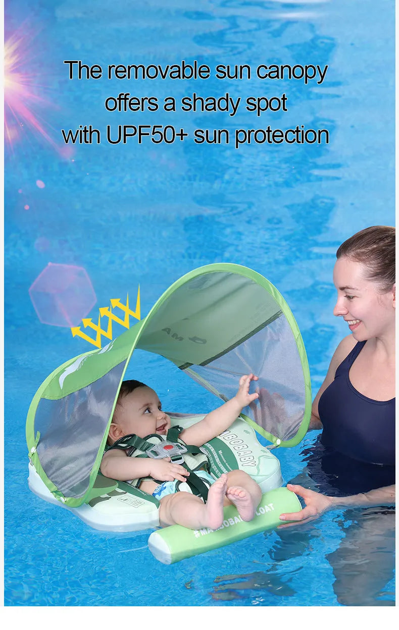 Green dinosaur inflatable baby swimming ring with sun shade for pool use