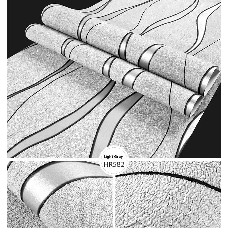 Close-up of textured curve stripe pattern on dark brown 3D decorative wallpaper roll.
