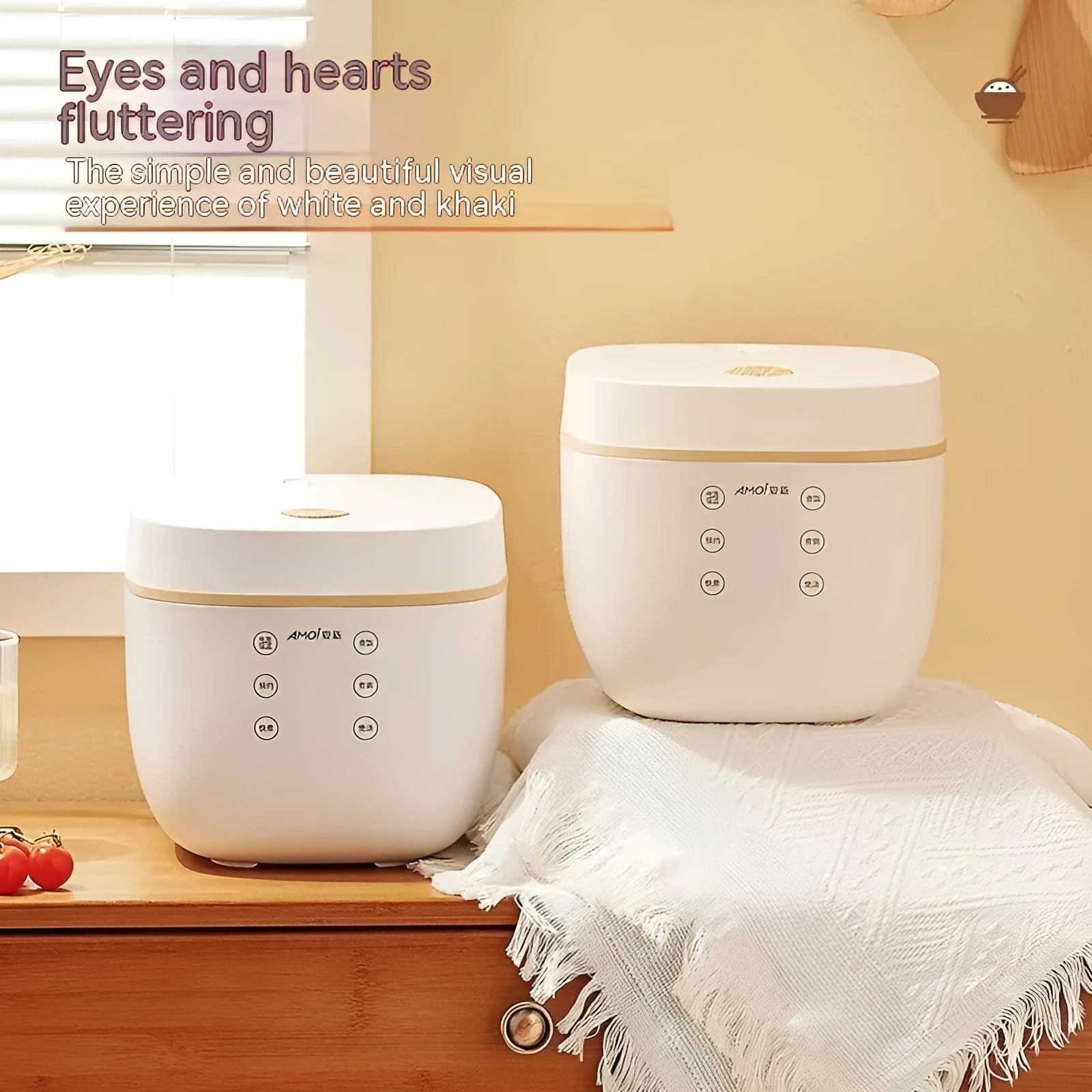 White beige intelligent multi-function rice cooker with black inner pot and accessories