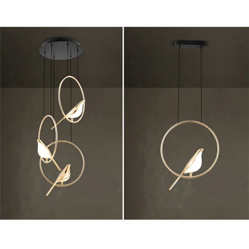 Modern minimalist magpie bird shaped chandelier with zinc alloy and acrylic construction.