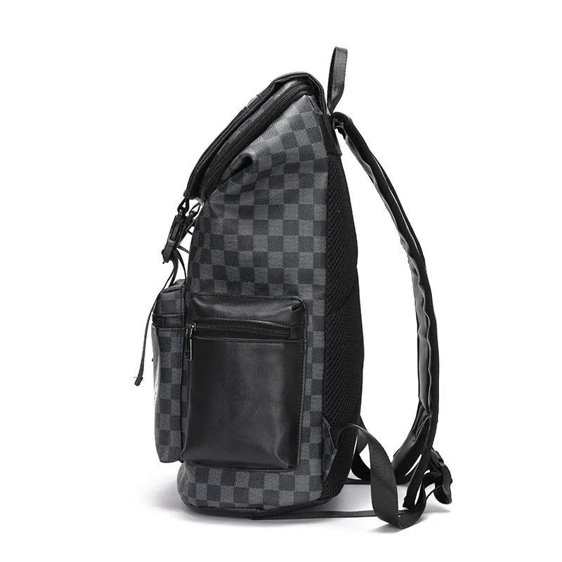 Korean style casual checkered printed backpack in black PU leather with curved shoulder straps.