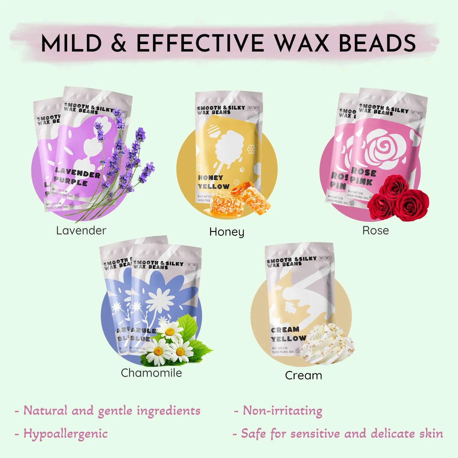WUWUVISTA 63-piece waxing kit with black warmer, pink wax beads, applicator sticks and lotion