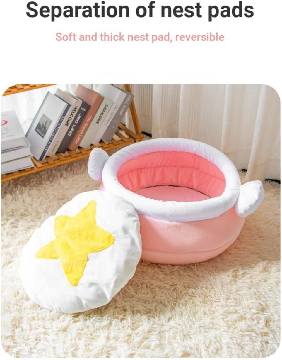 Pink honey pot shaped cat sofa bed with a soft fabric texture and a removable inner cushion.