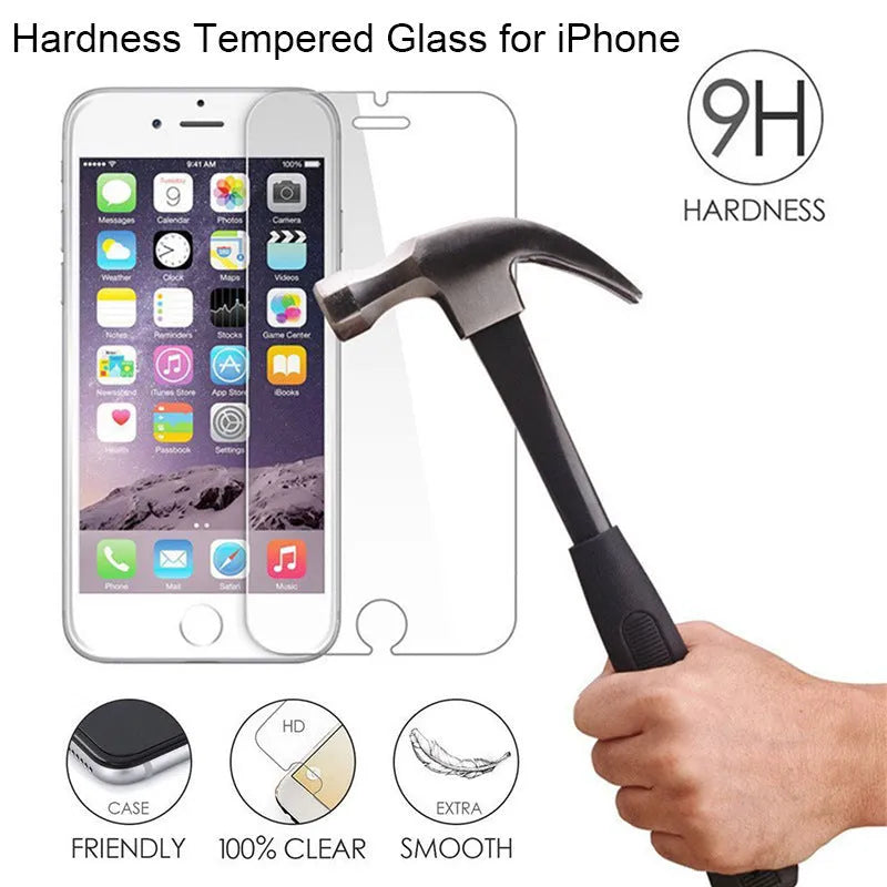 Transparent tempered glass screen protector for iPhone showing anti-fingerprint surface.