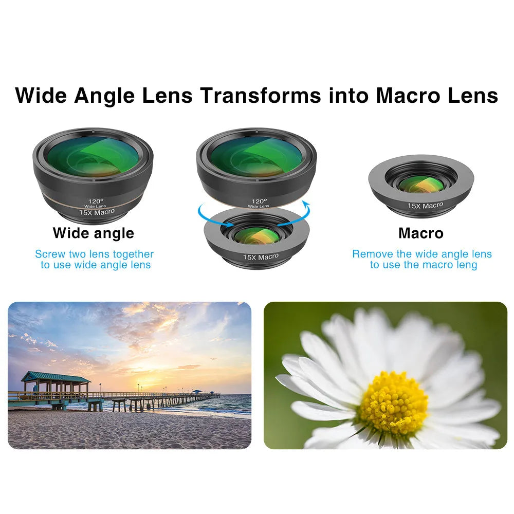 Black aluminium 6-in-1 smartphone camera lens kit with fisheye, macro, telephoto and filter lenses on a universal clip.