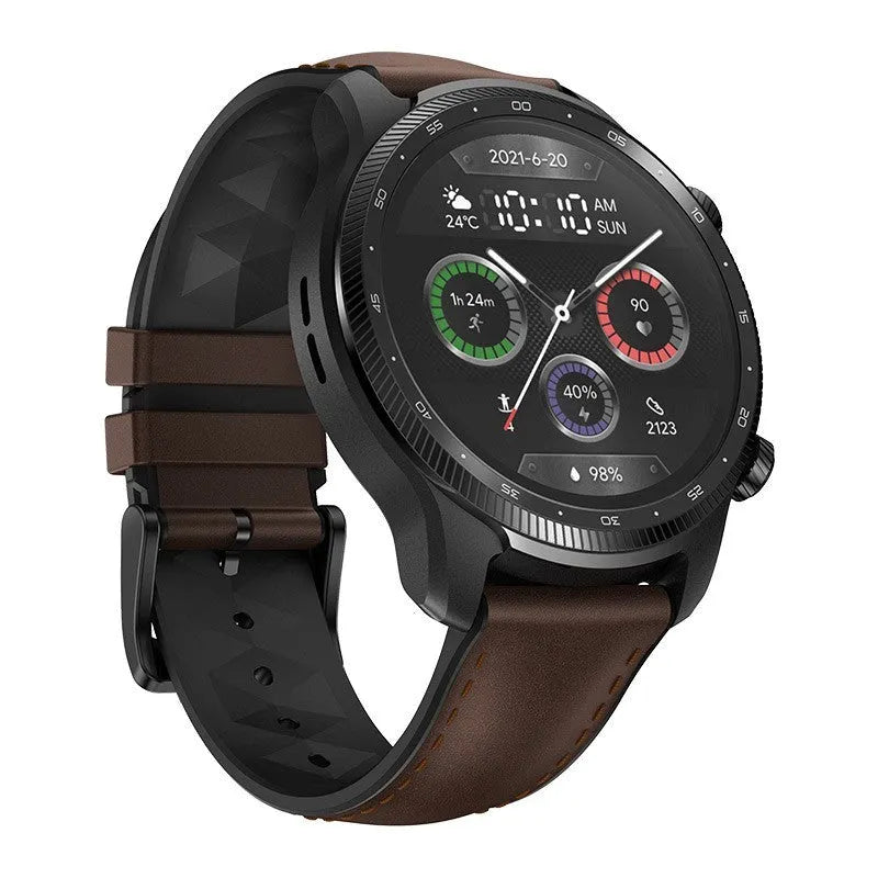 Ticwatch Pro X 47mm black smart watch with circular display on wrist