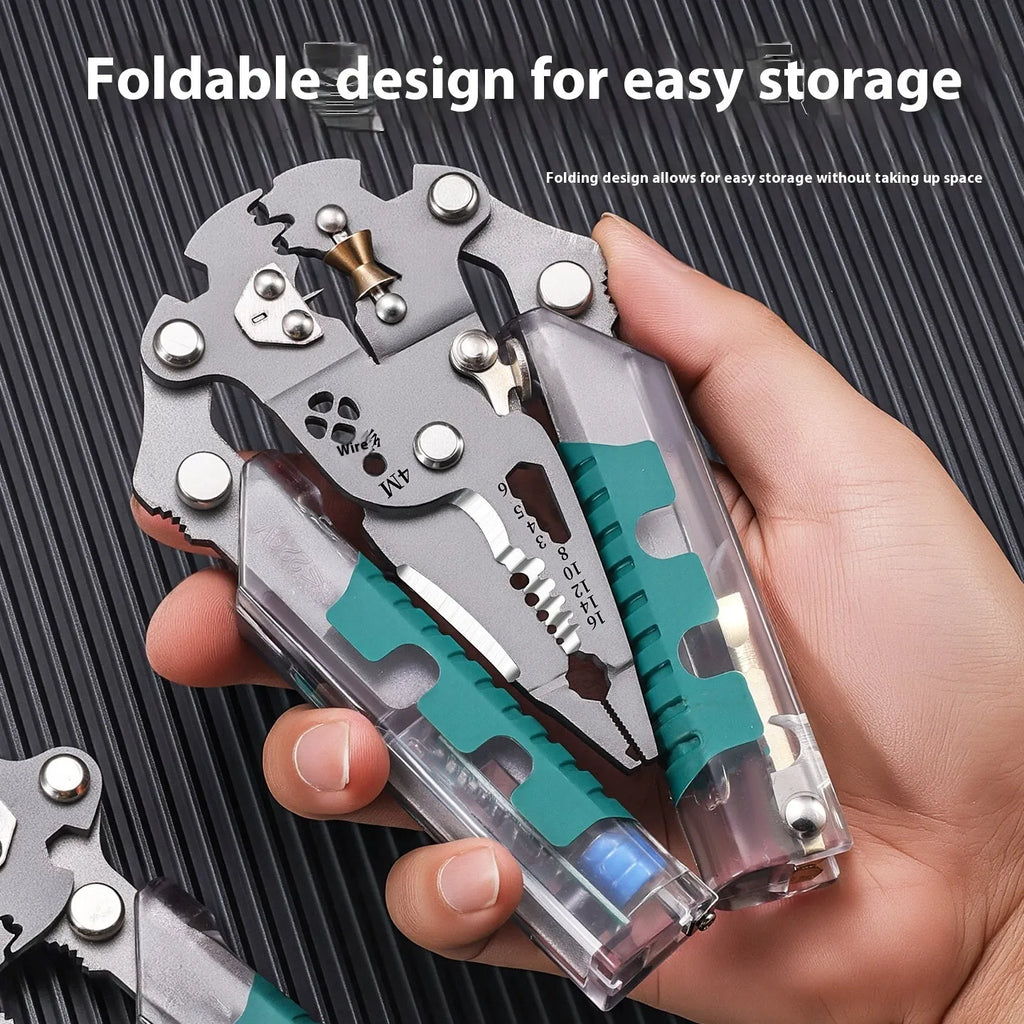 Electrician's multi-functional wire stripper with needle-nose pliers design showing rust prevention steel construction