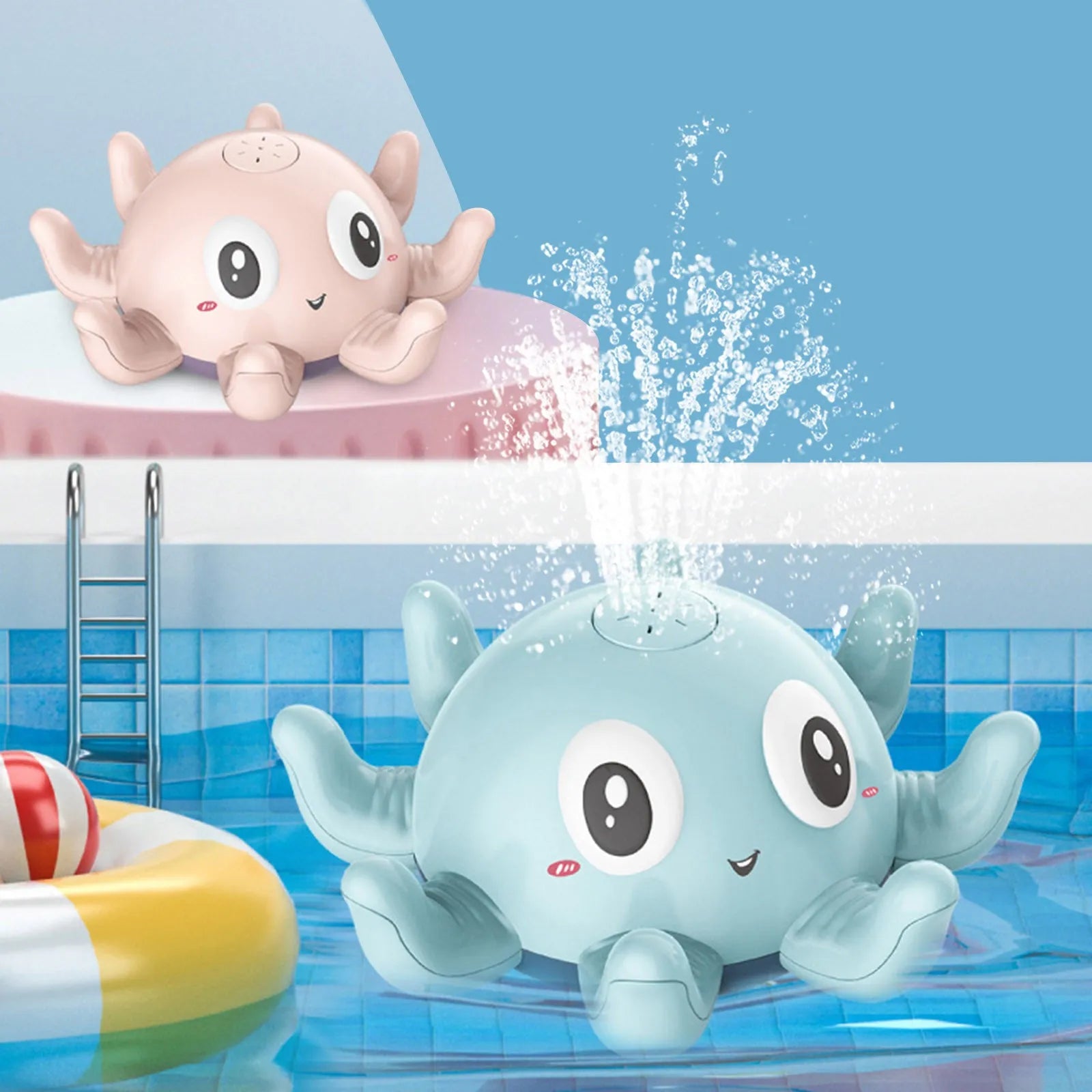 Blue octopus automatic water spray bath toy with flashing lights on a white background