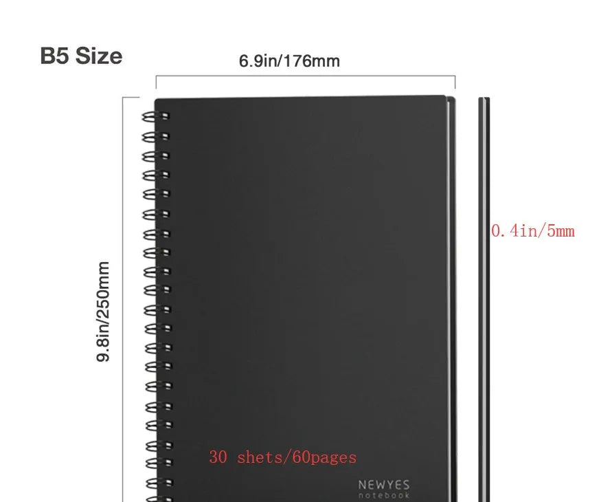 Rewritable paper notebook with black PP cover, spiral binding, and erasable pen on a desk