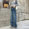 Women's high waist straight leg jeans in retro blue colour on a hanger.