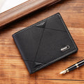 Men's black three-fold horizontal PU leather wallet showing multiple card slots.