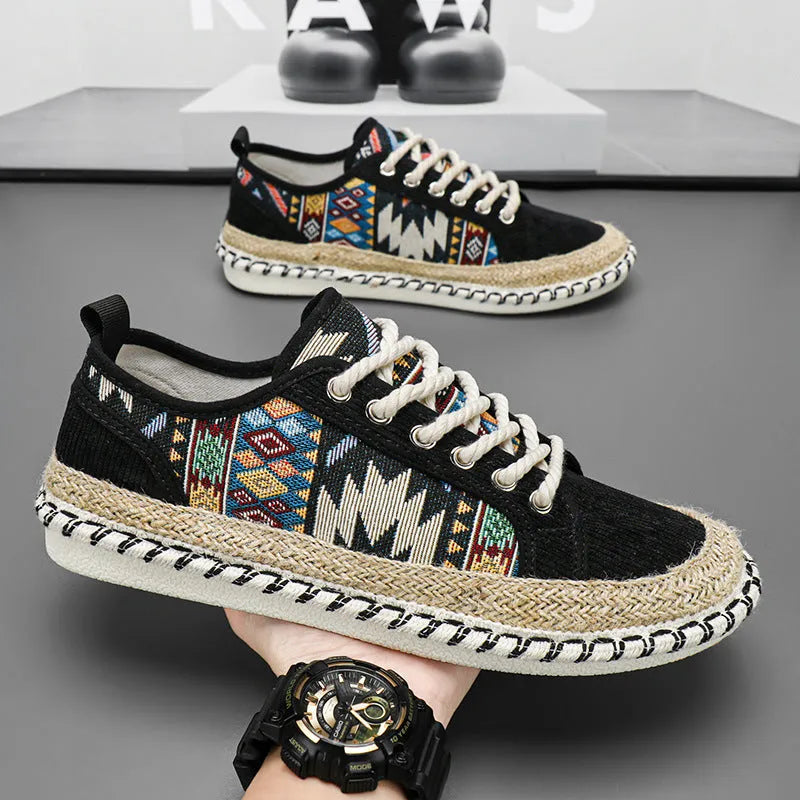 Men's casual summer shoes with cloth upper in black or beige colour, round toe design