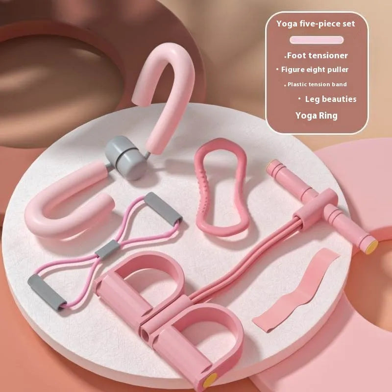 Yoga four-piece fitness set containing a leg beauty device, yoga ring, pedal tension device, and figure eight tension rope.
