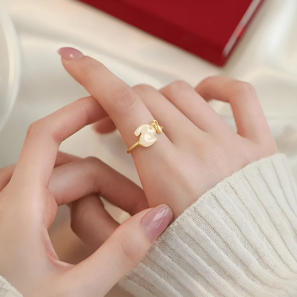 925 sterling silver jade hare ring with round shape and adjustable opening on white background