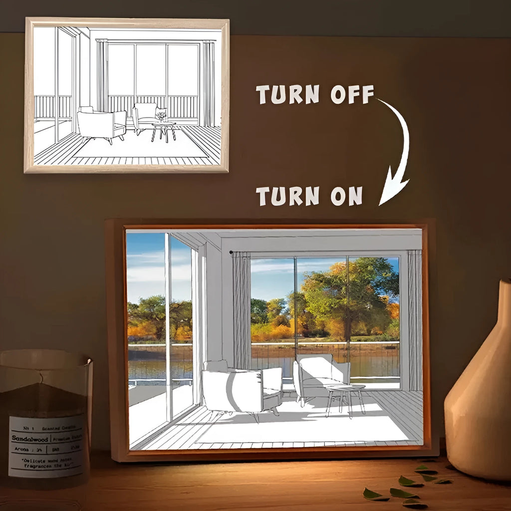 Modern rectangular LED light painting illuminating a scenic image of a mountain and river, showcasing its glow as a decorative night light.