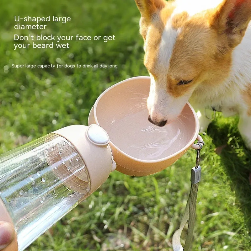 3086 portable dog water bottle and feeder in brown, pink, or yellow for outdoor pet travel