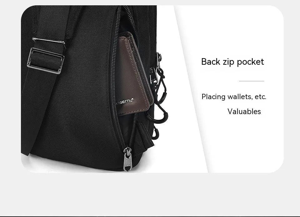 Casual black camouflage pattern chest bag with a single shoulder strap and soft handle.