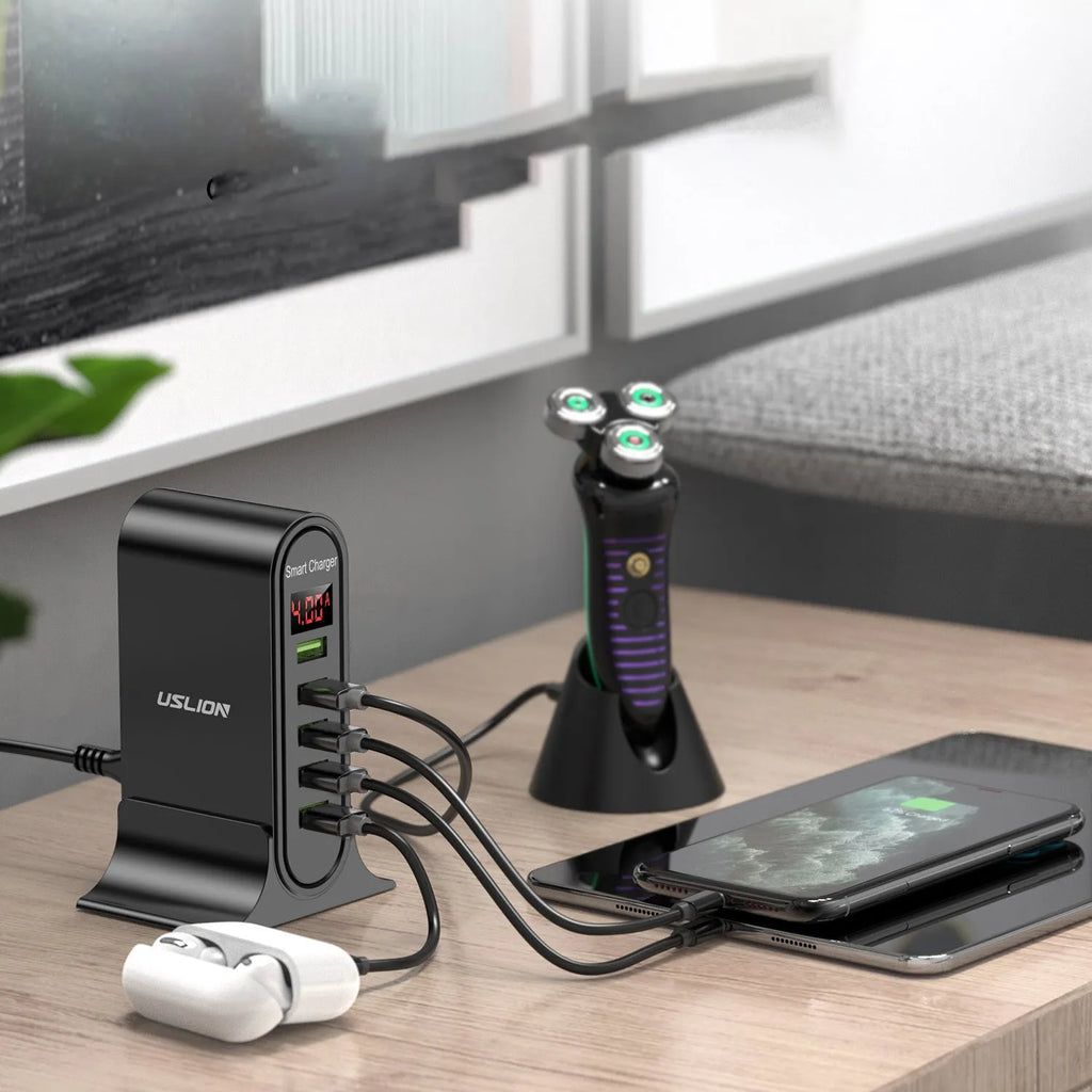 Black and white smart LED digital display USB chargers with EU, UK, and US plug styles